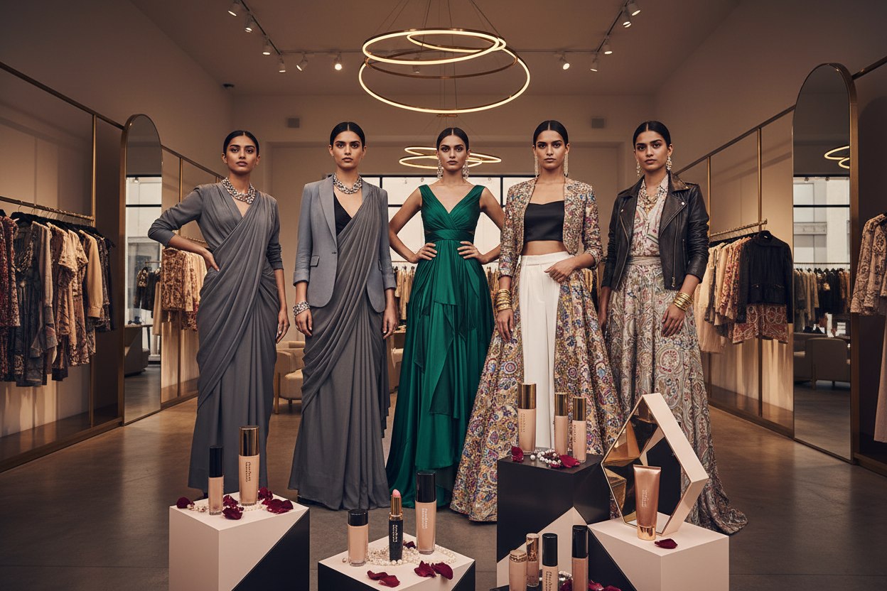 ​A high-fashion, luxurious editorial photograph of diverse female models in a modern boutique setting. The models are wearing a unique fusion of contemporary Indian clothing (like draped modern sarees or Indo-western gowns) mixed with chic Western wear (tailored blazers, designer tops). They are adorned with distinct, statement jewellery pieces. In the foreground, there are artistic displays of premium cosmetic products and makeup. The overall aesthetic is ultra-modern, sophisticated, and unique with glamor